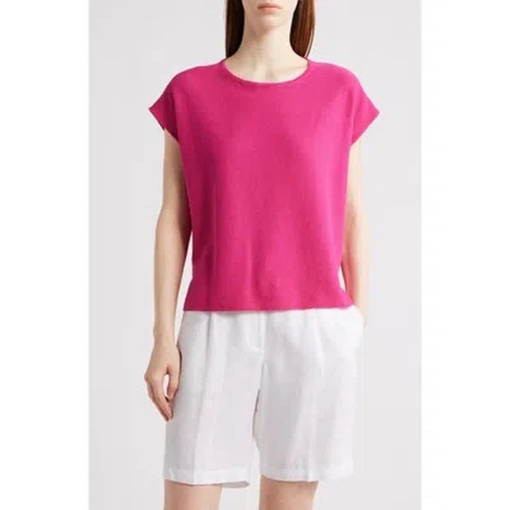 EILEEN FISHER Organic-Linen & Organic-Cotton Short-Sleeve V-Neck Sweater PTP 25”